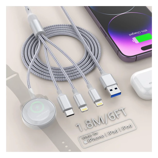 4in1 Apple Watch and Phone Charger Cable - Fast Charging - Magnetic Smart Watch Charger - Compatible with iPhone, Galaxy - 6ft