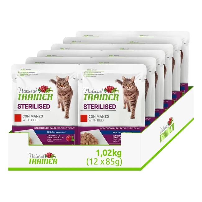 Natural Trainer Sterilised Mangime Umido per Gatti Adulti - Con Manzo - 12 Buste x 85gr (1020gr) - Alimenti Completi e Bilanciati