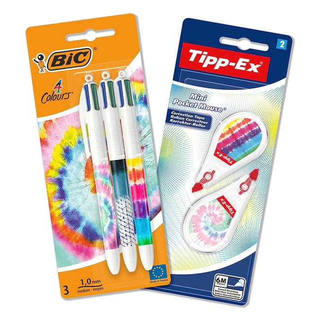 BIC Tie Dye Desk Set con BIC 4Colores Decors Tie Dye Bolígrafos y Cinta Correctora Mini Pocket Mouse Decors - Paquete de 32