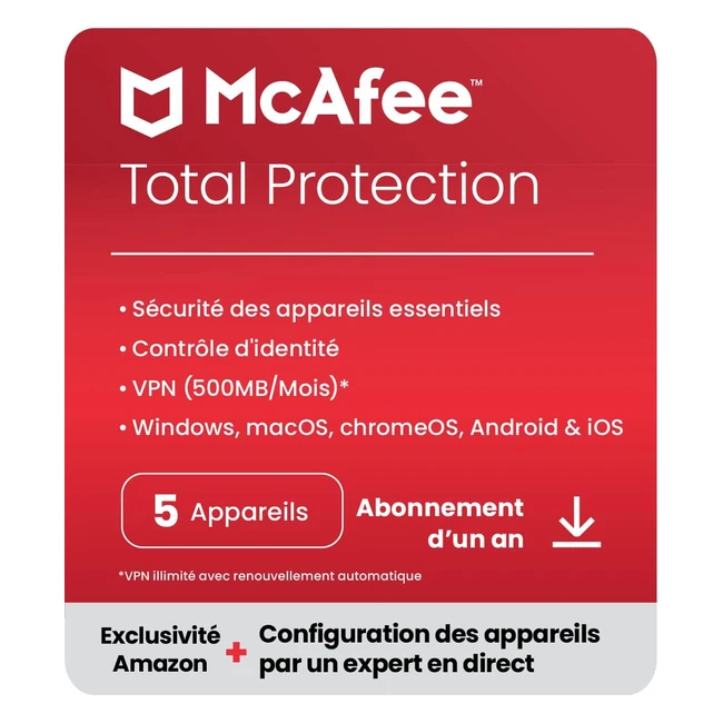 McAfee Total Protection 2023 - Nouvelle configuration de l'appareil - Exclusivité Amazon - 5 appareils - Logiciel antivirus de sécurité Internet - VPN - Abonnement d'un an - Code d'activation par email