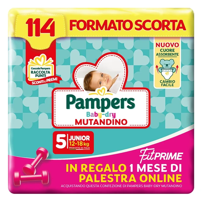 Pampers Baby Dry Mutandino Fit Prime Junior - Taglia 5 (12-18 kg) - 114 Pannolini - Scorta - Omaggio palestra online