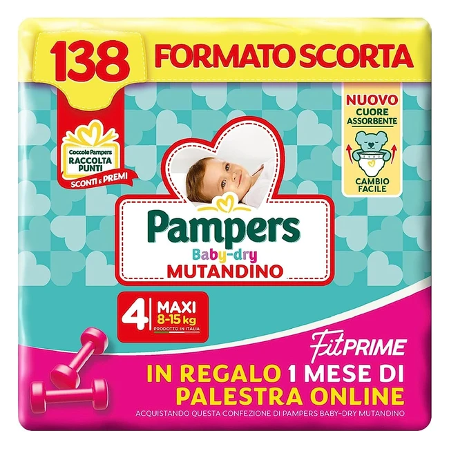 Pampers Baby Dry Mutandino Fit Prime Maxi - Scorta 138 Pannolini Taglia 4 - 815 kg - 1 Mese di Palestra Online in Omaggio