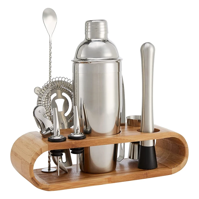 Set Cocktail 10 pièces en inox avec support en bambou - Amazon Basics