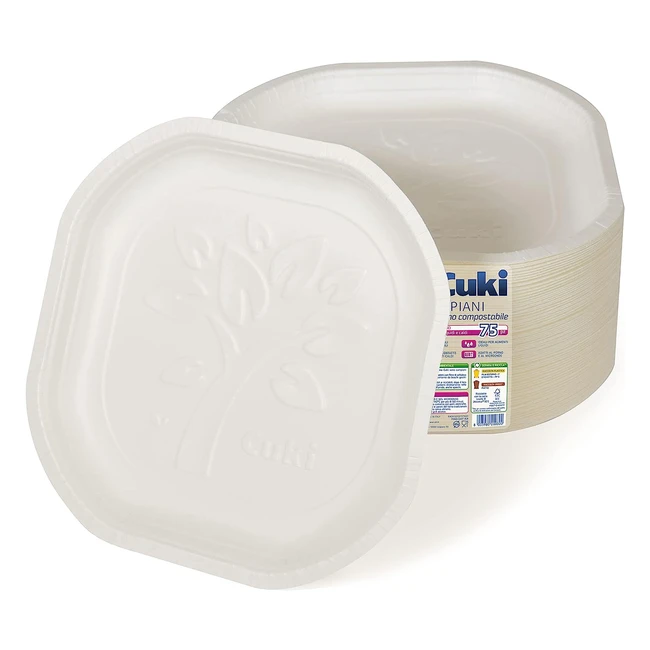 Piatti piani biodegradabili e compostabili Cuki, 75 pezzi - Ideali per picnic e feste