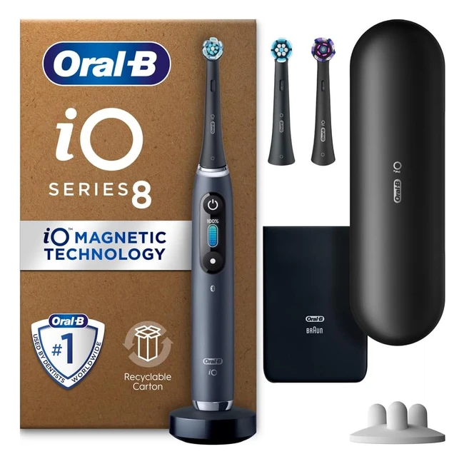 OralB IO8 Electric Toothbrush - Gifts for Women & Men - App Connected Handle - 3 Toothbrush Heads - Travel Case - Toothbrush Head Holder - 6 Modes with Teeth Whitening - 2 Pin UK Plug - Black