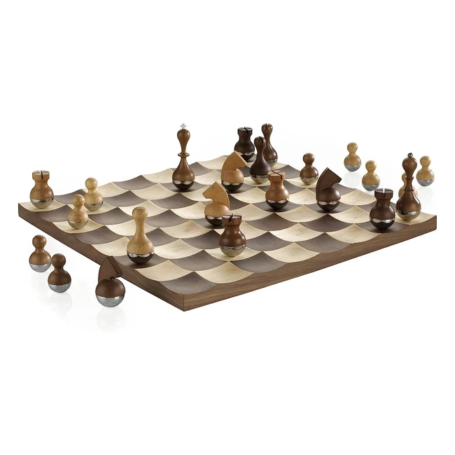 Umbra Wobble Chess Set - Beechwood Walnut - 15x15x1 inch - Prizewinning Design