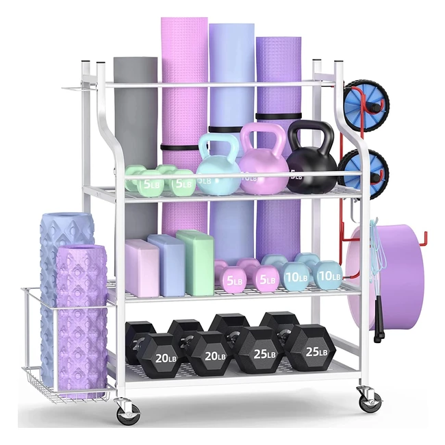 Rastrelliera Yoga Mythinglogic - Porta Manubri Palestra Casa - Tappetino Yoga, Manubri, Kettlebells, Rullo di Schiuma, Cinghia di Resistenza - Ganci e Ruote