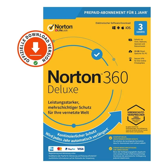 Norton 360 Deluxe 2022 - 3 Geräte - 1 Jahr Abonnement mit automatischer Verlängerung - Sicheres VPN und Passwortmanager
