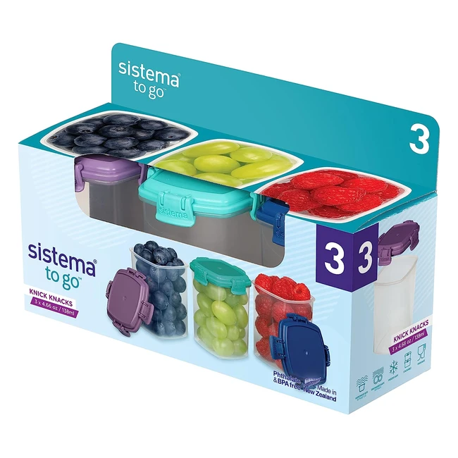 Sistema Knick Knack Pack to Go - Contenants de Rangement Empilables - 138 ml - Sans BPA - Couvercles Verts Bleus et Violets - 3 Unités