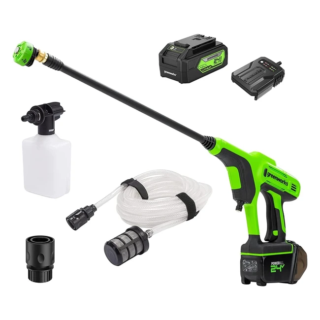 Greenworks Cordless Handheld Pressure Washer G24PWK4 LiIon 24V - Powerful 300W Motor - 24 Bar Pressure - 180 LH Flow Rate - 5-Way Nozzle - 6m Hose