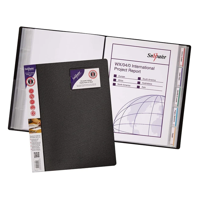 Snopake A4 Indexed Display Book 40 Pockets Black Ref 12340S - Organize Protect
