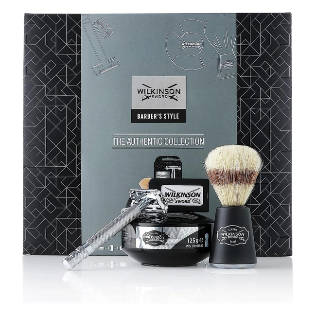 Wilkinson Sword Barbers Style Safety Razor - Authentische Kollektion - 5 x Doppelklingen - Rasierpinsel - Rasierseife