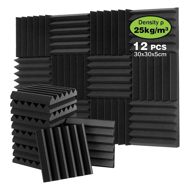 Foneso 12 Pack Acoustic Foam Panels - Sound Proofing for Studio, Podcast, TV Room - Black