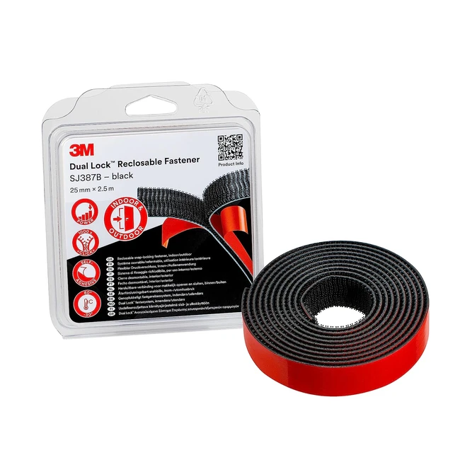 3M Dual Lock SJ387B Befestigungssystem | Haftung auf Metallen, Pulverlackbeschichtungen und Kunststoffen | 25mm x 25m | Schwarz