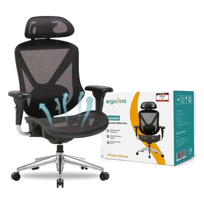 Ergofino Bürostuhl ergonomischer Drehstuhl verstellbare Kopfstütze Lordosenstütze Armlehnen bis 150 kg belastbar Explosionsschutzklasse 4 atmungsaktiv C12M01A