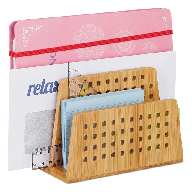 Relaxdays Bamboo Document Holder - 2 Perforated Compartments - Handy Letter Rack - Natural A5