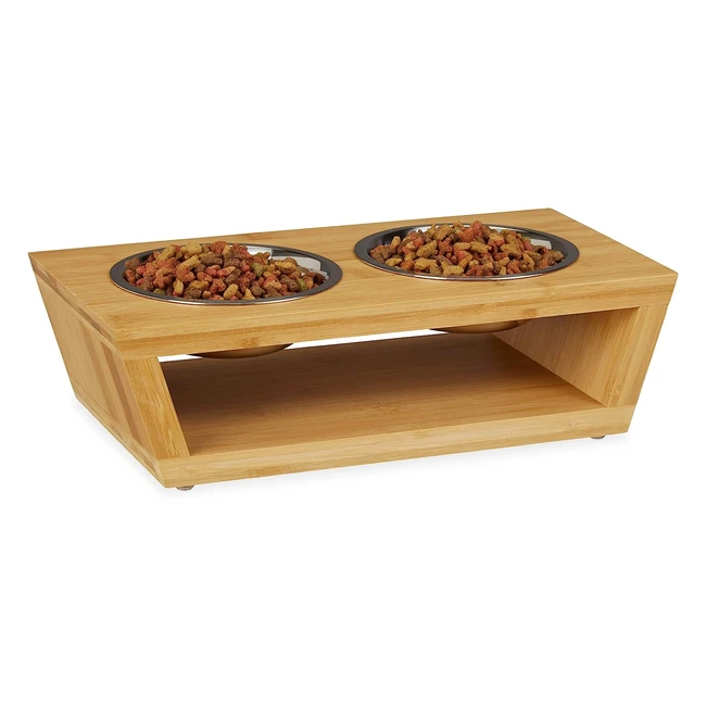 Gamelle pour animaux Relaxdays en bambou et acier inoxydable - Lot de 2 bols - Antidérapante - Convient pour lave-vaisselle