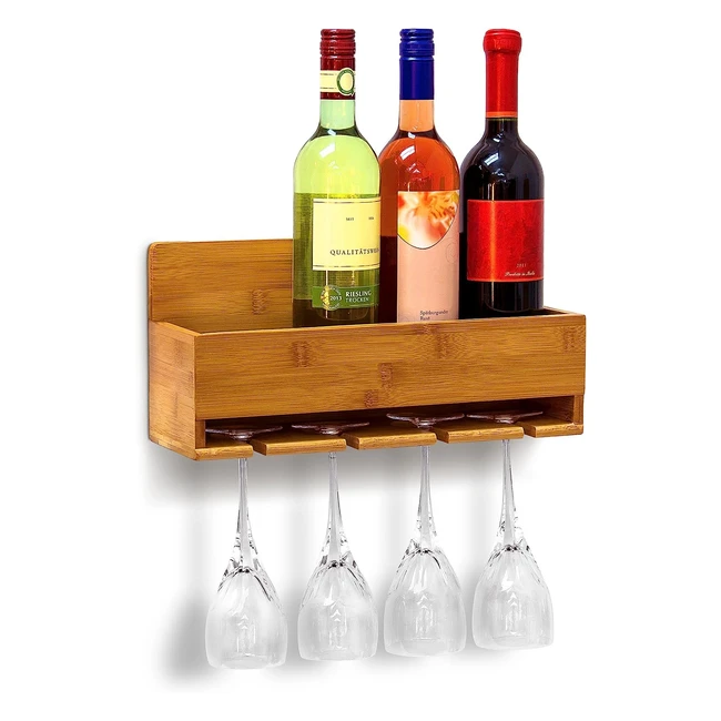 Relaxdays Wine Shelf with Glass Holder - 4 Bottles, 4 Glasses - Bamboo - Rustic and Friendly