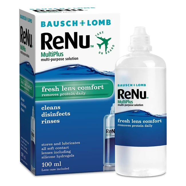 Renu Multiplus Travel Contact Lens Solution 100ml - Clean, Disinfect, Moisturize, and Store - Lens Case Included