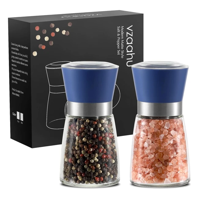 Vzaahu Salt and Pepper Grinders 2 Set with Ceramic Core - Blue Color - Portable 