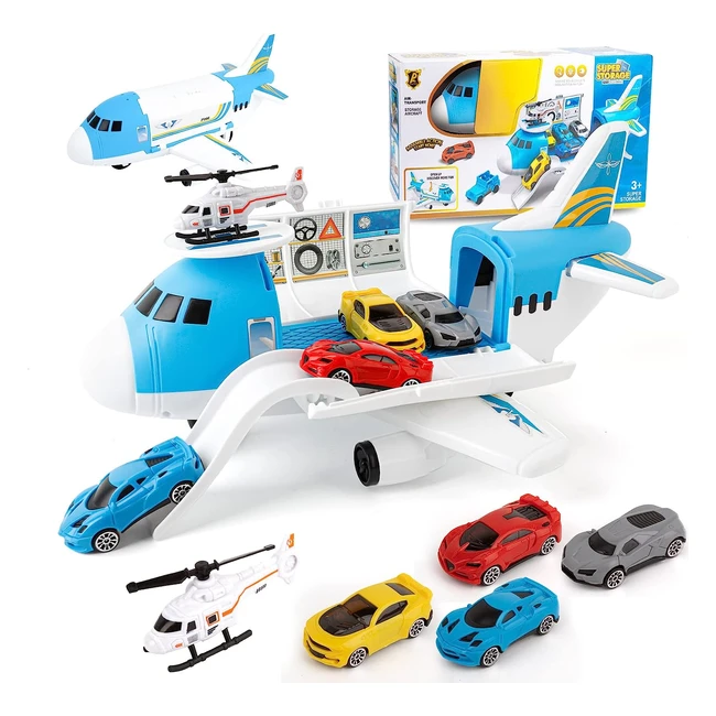 Shayson Transport Cargo Airplane Car Toy Set - Ages 3+ - Includes 4 Cars & 1 Helicopter