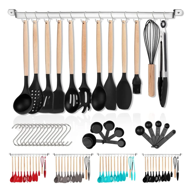 Juego de Utensilios de Cocina Berglander 38 Piezas Antiadherentes de Silicona con Ganchos y Estantes - Negro