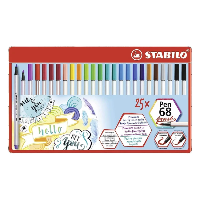 Premium Fibretip Pen Stabilo Pen 68 Brush Tin of 25 19 Assorted Colours