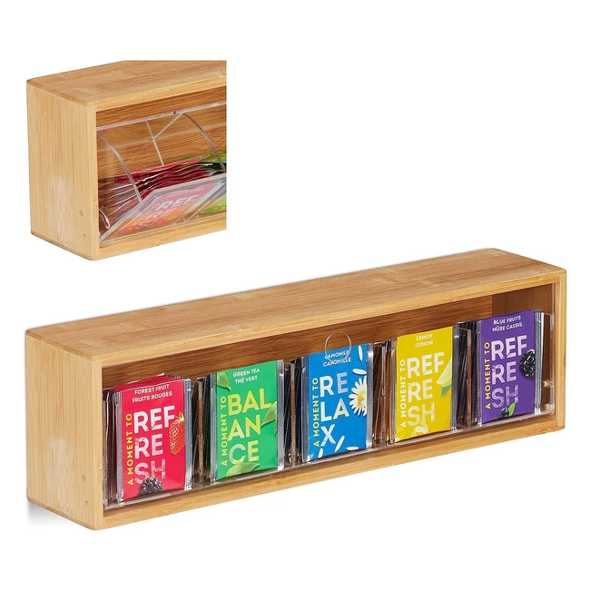 Boîte à thé en bambou Relaxdays - 5 compartiments - 50 sachets - 115x39x8 cm