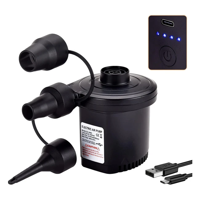 Portable Electric Air Pump - Rechargeable Battery - Quickfill Inflator - 3 Nozzles
