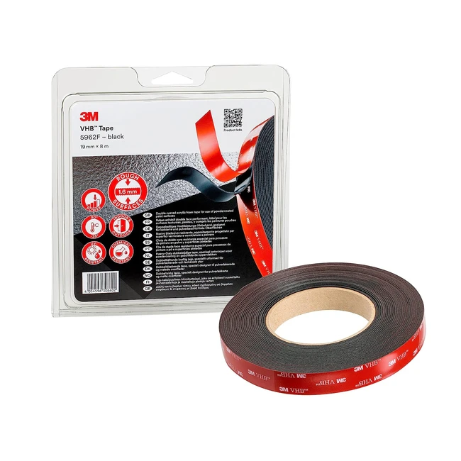 Cinta adhesiva 3M VHB 5952F - Optima adherencia a pinturas en polvo, metales, vidrio, madera, acrílico, policarbonato, ABS - 19mm x 8m - Negro