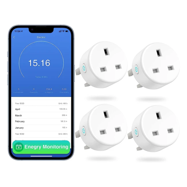GHome Smart Plug 13A WiFi Plug with Energy Monitoring - Alexa & Google Home - App Control - Timer Function - No Hub Required - 4 Pack