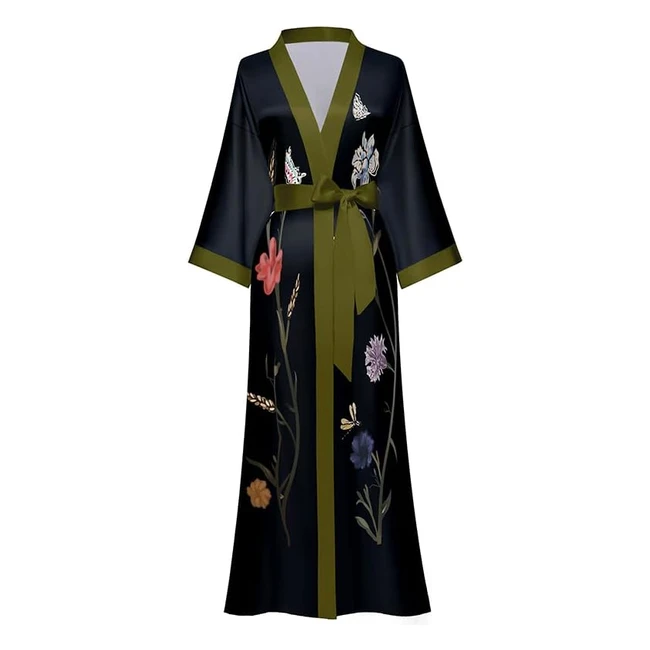 Eorube Long Kimono Robe - Floral Print Satin Sleepwear