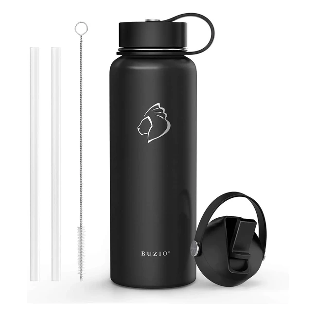 Buzio Stainless Steel Water Bottle with Straw - Insulated, 1180ml - Keeps Cold for 48 Hrs, Hot for 24 Hrs - BPA Free, Leak Proof - Black