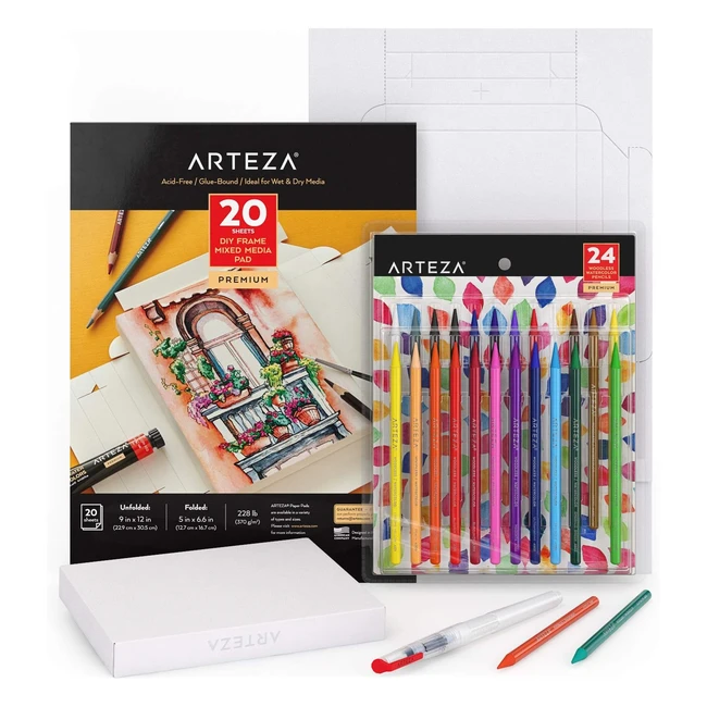 Set artistico Arteza ad acquerello, matite senza legno, 24 fogli di carta su tela