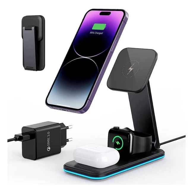 Chargeur Magsafe 3 en 1 - Rapide 15W - iPhone 141312, Airpods Pro23Pro 2, iWatch Ultra876SE5432 - Noir