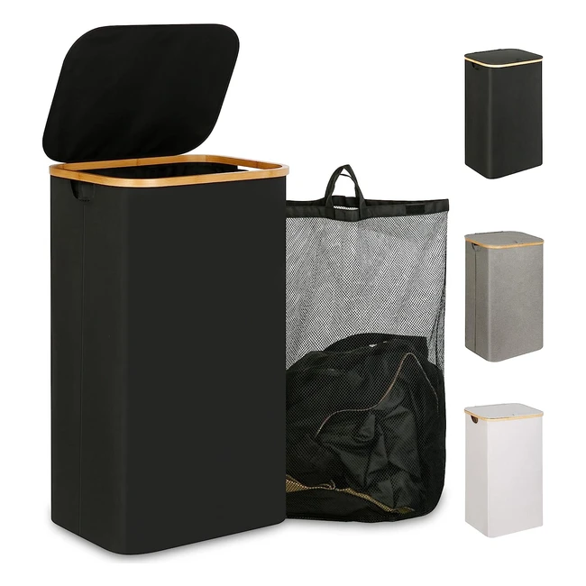 iegrow 110l Laundry Basket with Lid - Large Foldable Organizer - Removable Inner Bag - Bamboo Handles