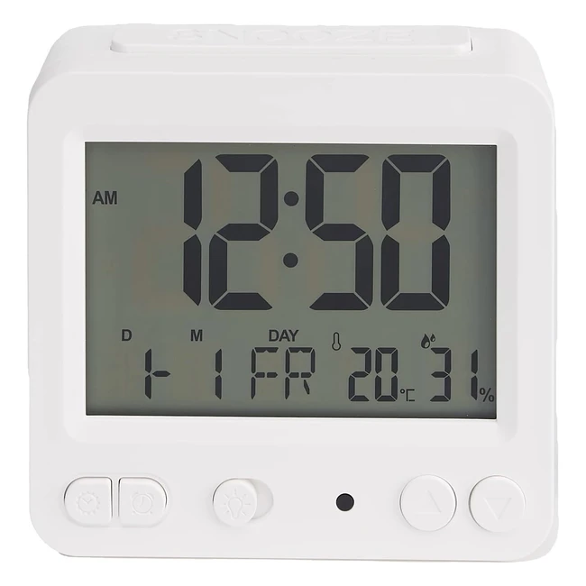 Sveglia Digitale da Tavolo Amazon Basics - Display LCD, Temperatura, Data, Luce - Bianca