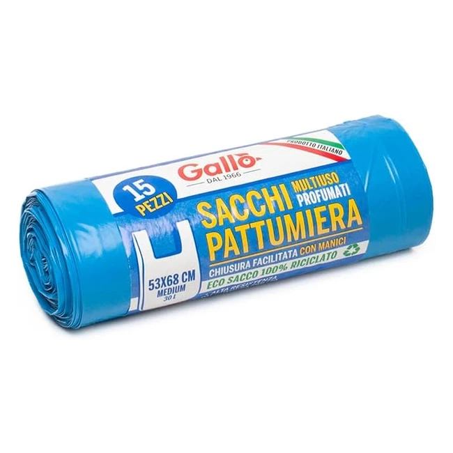 Gallo Recycled Plastic Rubbish Bags - Blue - 53x68 cm - 30lt - Medium - 1 Roll (15 Bags)