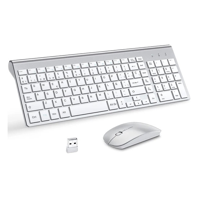 Pack Teclado y Mouse Inalámbricos Ultra Delgado con Almohadilla de Ratón Moojay 2.4G USB Compacto Silencioso Kit Teclado Ratón con Cubierta Baterías AA y AAA para PC Portátil Windows - Blanco Plateado
