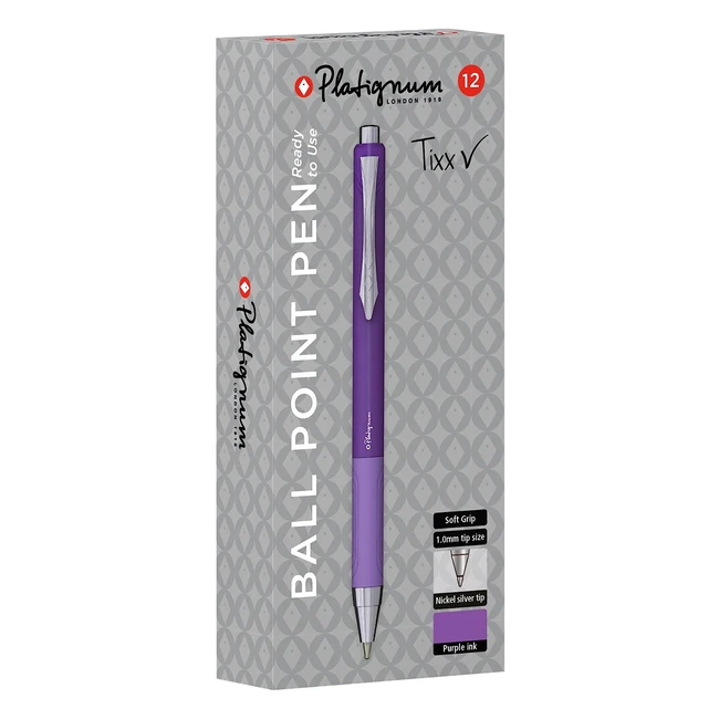 Platignum Tixx Purple Ballpoint Pen Pack of 12 - Soft Grip Barrel, Hybrid Gel Ink