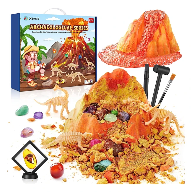Japace Gemstone Dig Kit - Dinosaur Amber Excavation - Educational Toy for 6-9 Year Olds