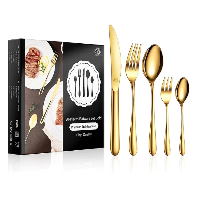 Juego de Cubiertos Vancasso 30 Piezas - Acero Inoxidable 1810 - Set de Cubiertos Dorado