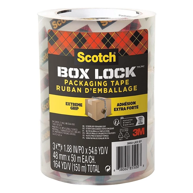 Scotch Box Lock Clear Packaging Tape - Strong Grip, 48mm x 50m, 3 Rolls - Shipping and Mailing Tape