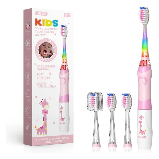 Brosse à dents pour enfants Seago avec lumière colorée, technologie sonic et 3 têtes extra douces - SG977Rose