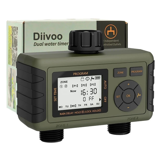 Diivoo Water Timer 2 Outlet - Programmable Irrigation Timer with Rain Delay - Lawn Sprinkler