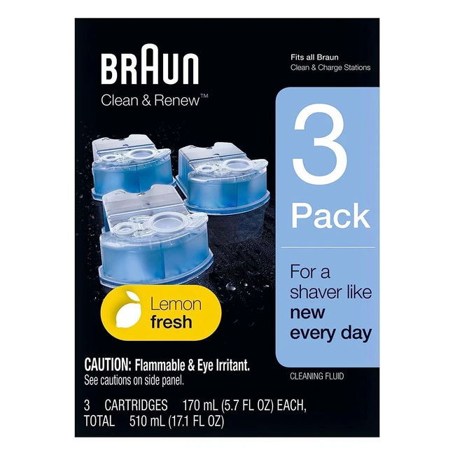 Braun Clean and Renew Electric Shaver Cleaning Cartridges - Hygienically Cleans, Removes Residual Hair & Skin Particles - 3 Pack - Lemon Fresh