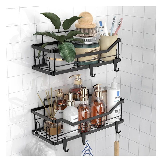 Estantería Baño Sin Taladro | Estantes de Ducha Adhesivos | 45 Ganchos | Acero Inoxidable | Negro | 3 Unidades