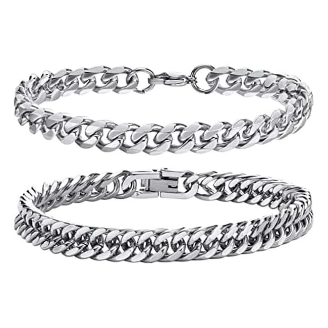Tempbeau Men's Bracelets - Curb Chunky Dad Cuban Bracelet - 2 Pack - Silver Stainless Steel - Hip Hop Rapper Jewelry