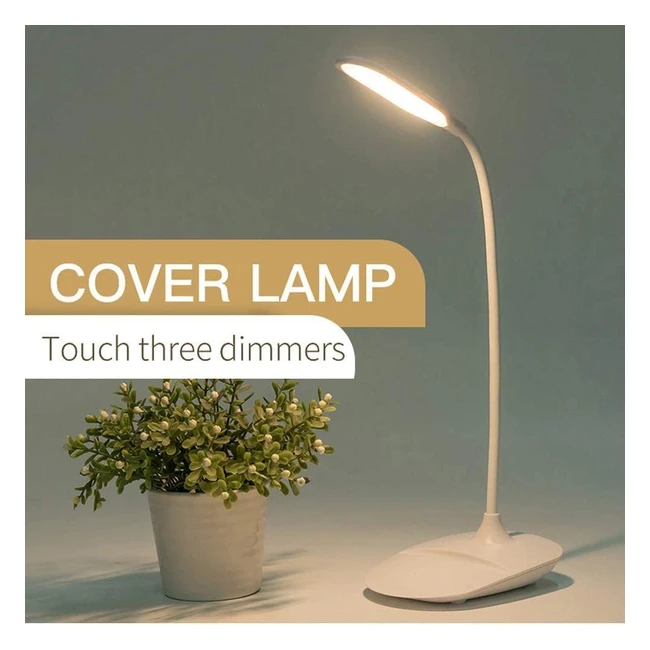 Tirismart Adjustable LED Desk Lamp - Rechargeable Bedside Lamp - USB Charging Port - Battery 1200mAh - 3 Level Dimmer - White