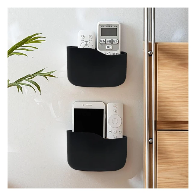 Linfidite 2 Pack Adhesive Remote Control Holder - Universal Controller Holder - Wall Mounted - No Drilling - Slot Phones Charging - Home Office Desk Nightstand - Stationery Supplies - Black